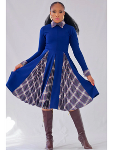 Nesans Check Kick Pleat Dress (Navy)