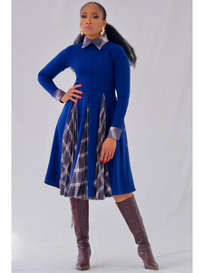 Nesans Check Kick Pleat Dress (Navy)