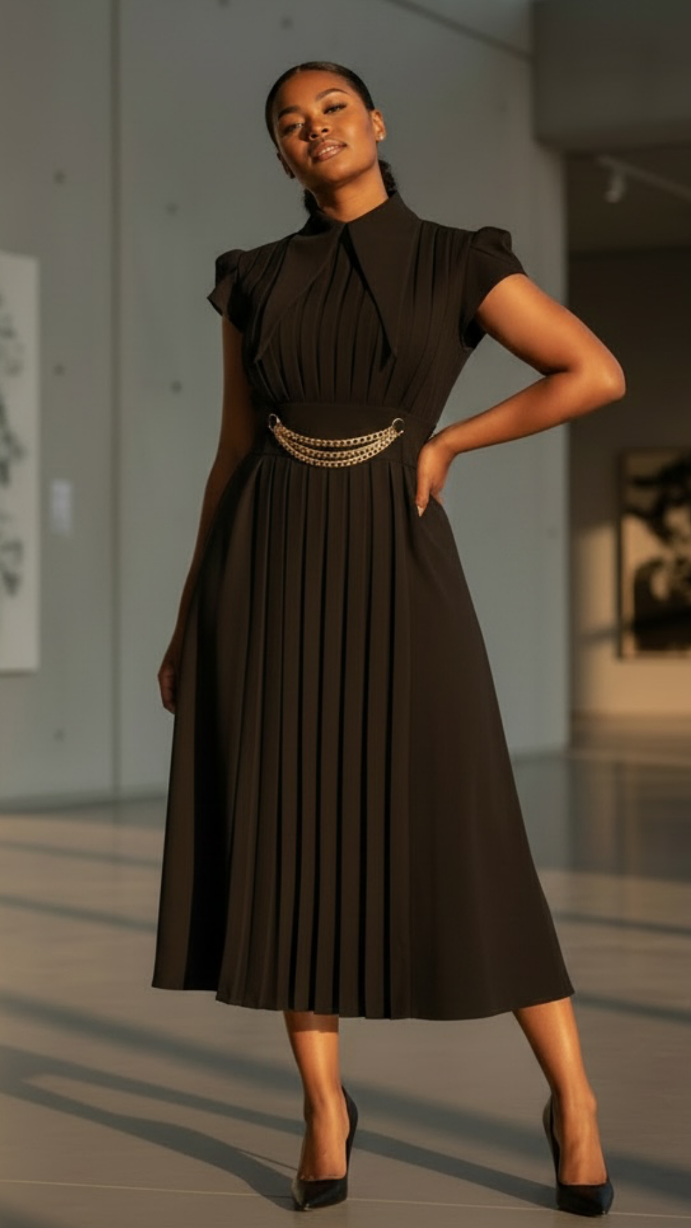 Dua Pleat Chain Dress-Cap Sleeve