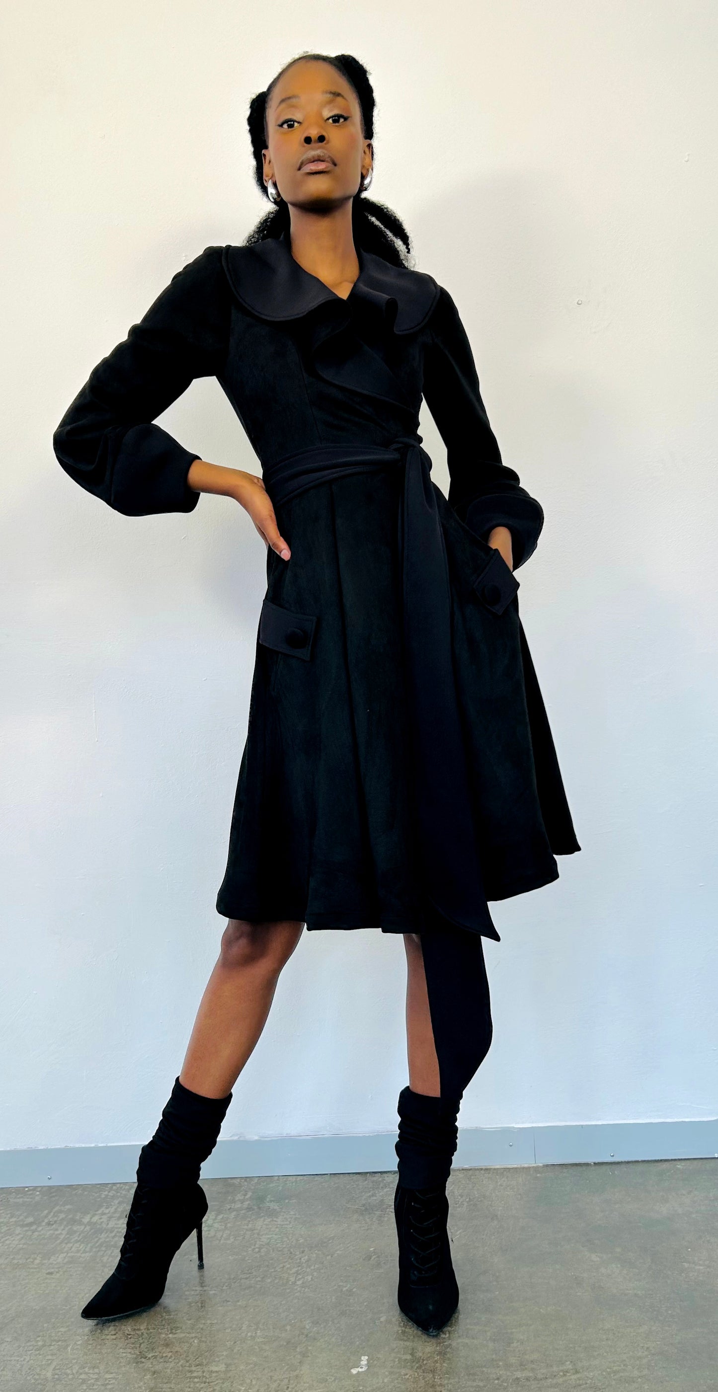 “Faliana” suede wrap coat dress (Black)