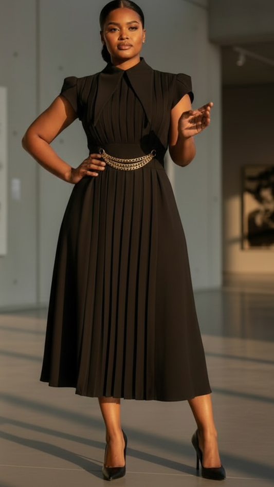 Dua Pleat Chain Dress-Cap Sleeve