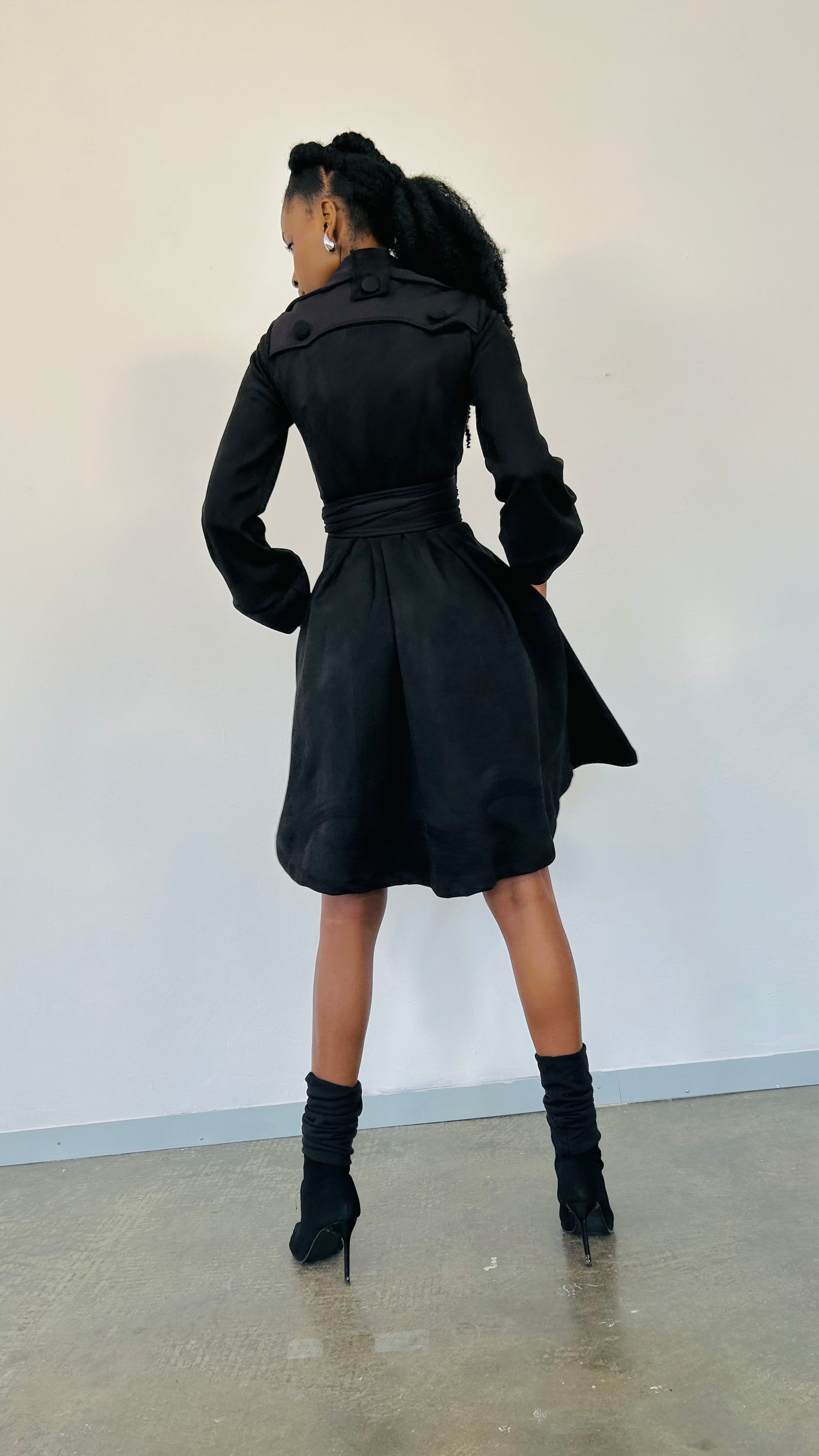 “Faliana” suede wrap coat dress (Black)