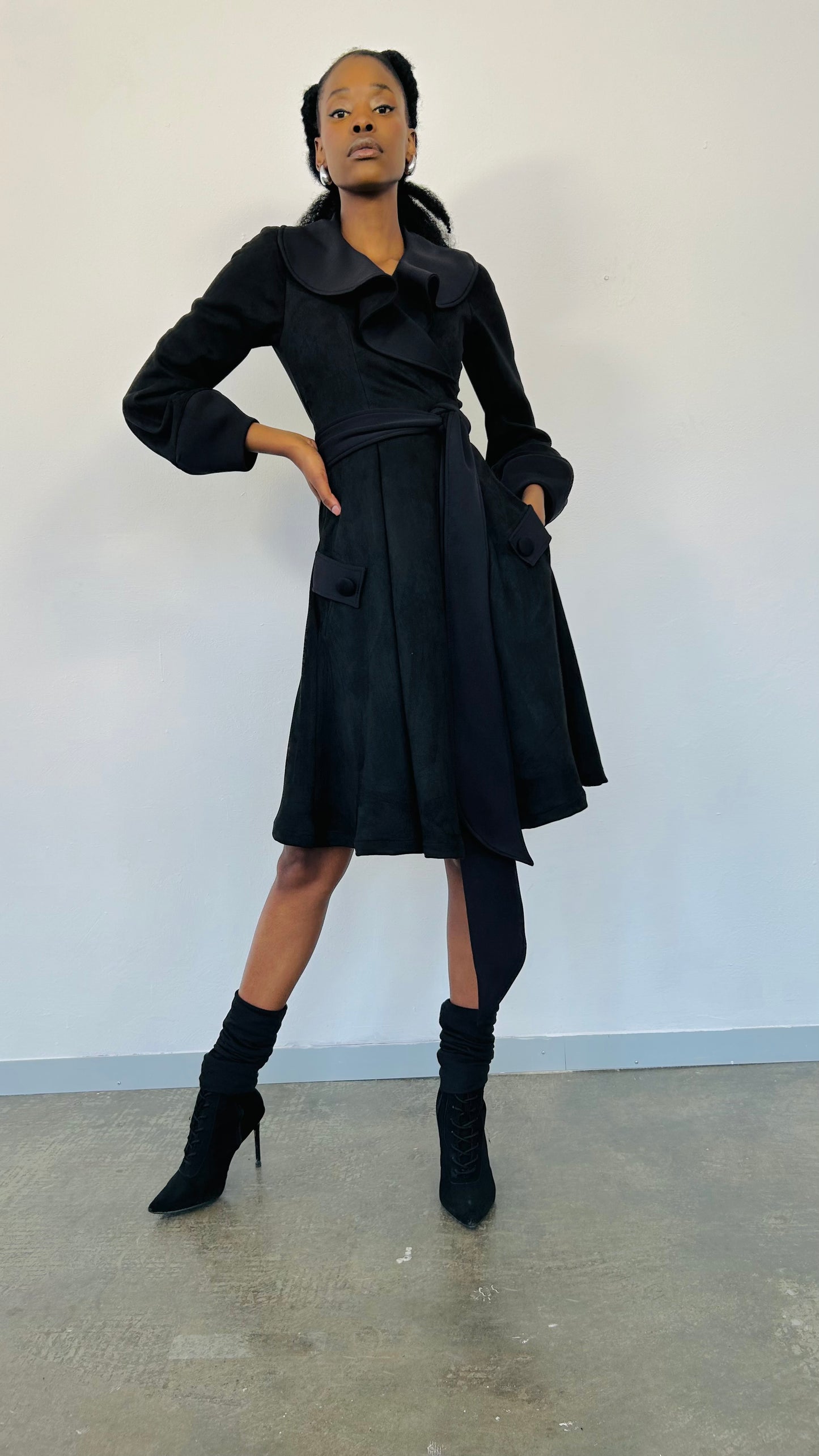 “Faliana” suede wrap coat dress (Black)