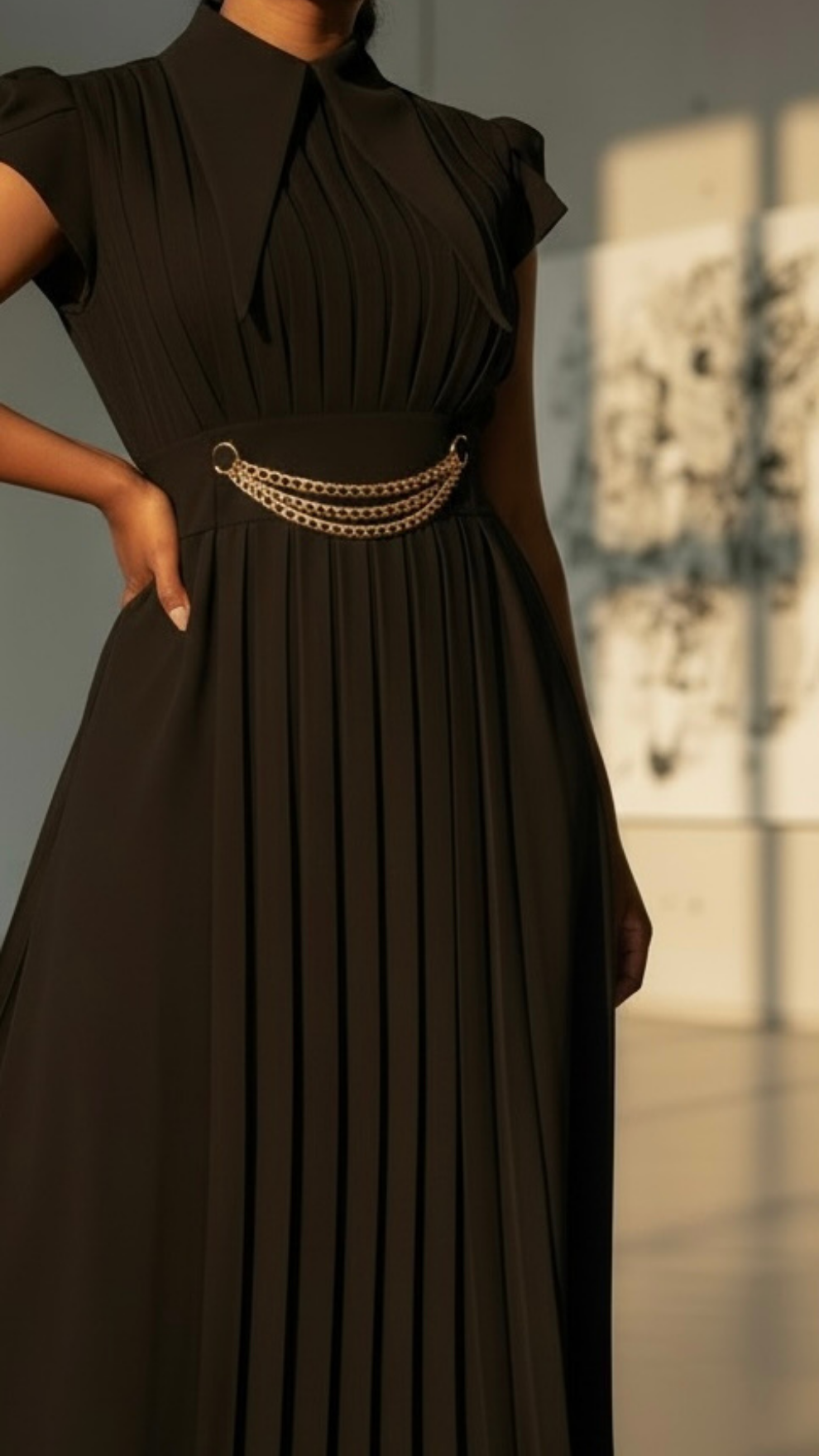 Dua Pleat Chain Dress-Cap Sleeve