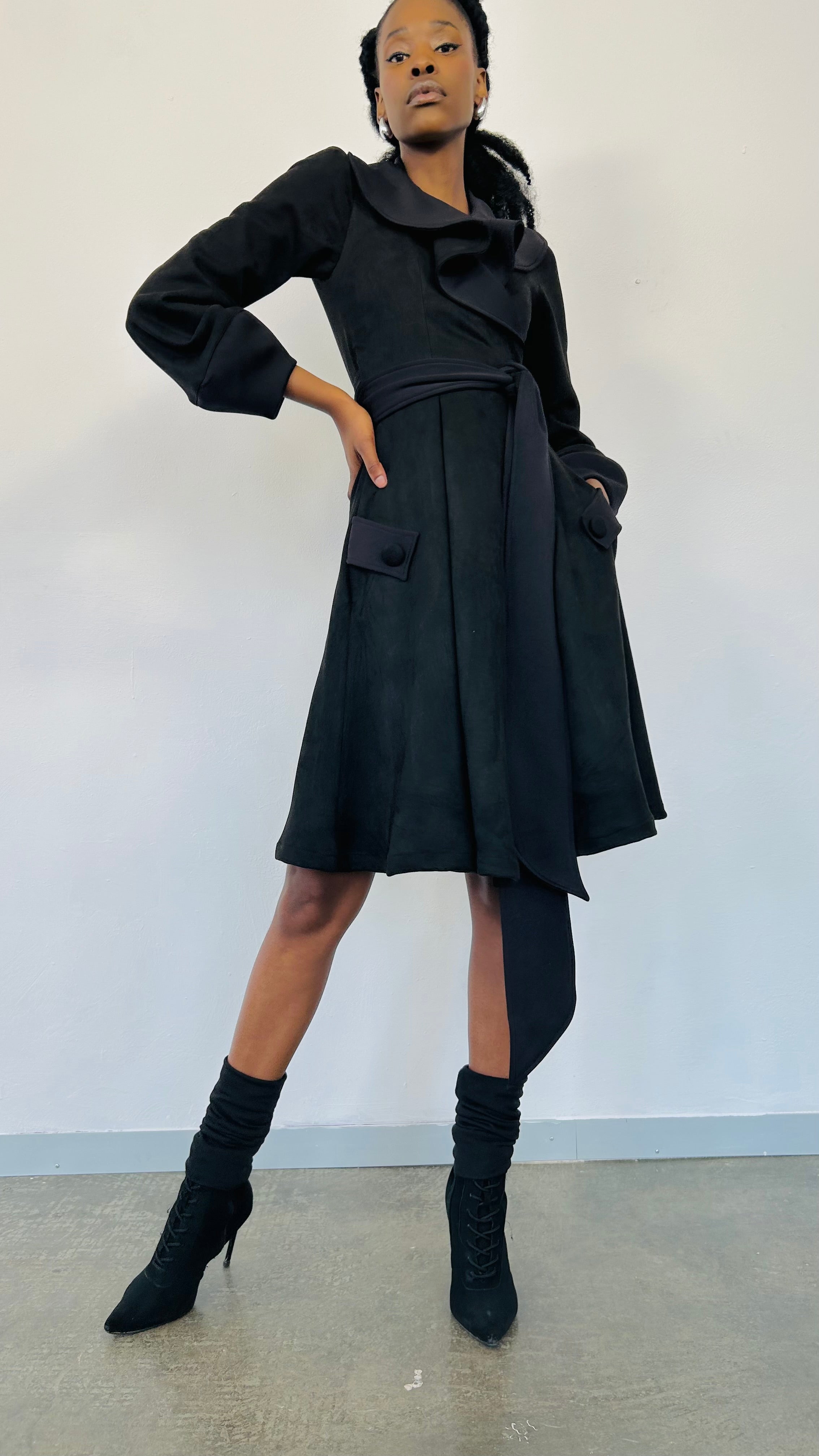 “Faliana” suede wrap coat dress (Black)