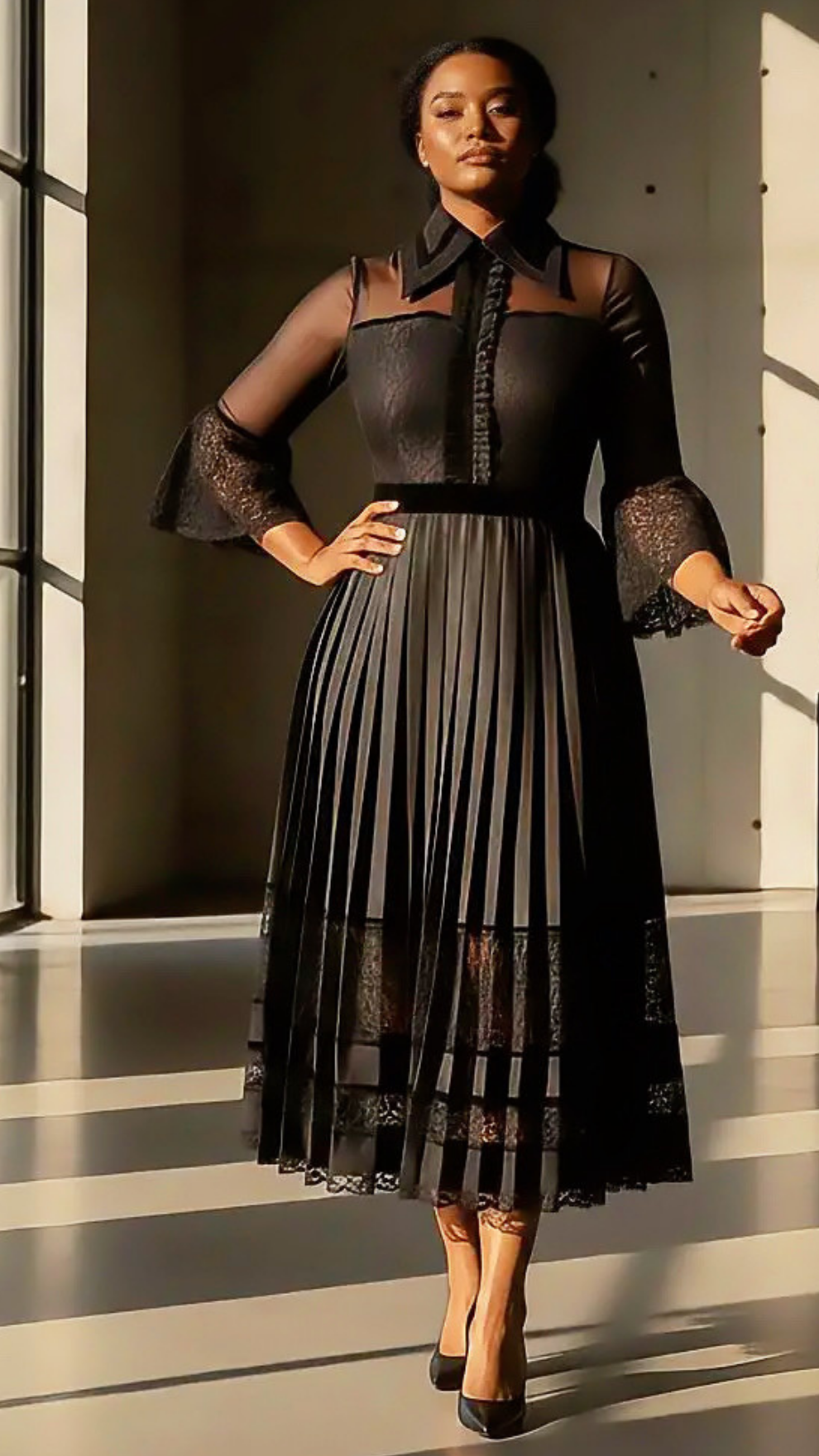 Marbeh Lace Border Pleat Dress