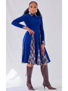 Nesans Check Kick Pleat Dress (Navy)