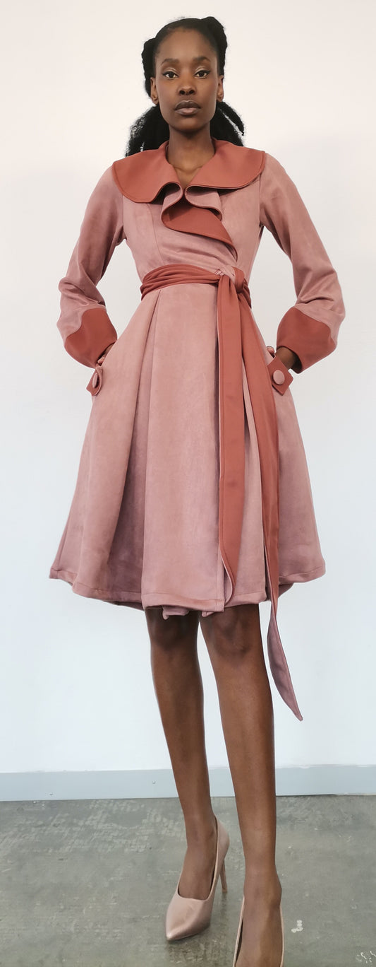 “Faliana” suede wrap coat dress