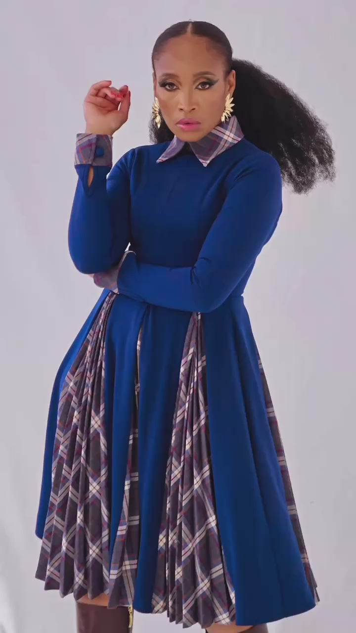 Nesans Check Kick Pleat Dress (Navy)